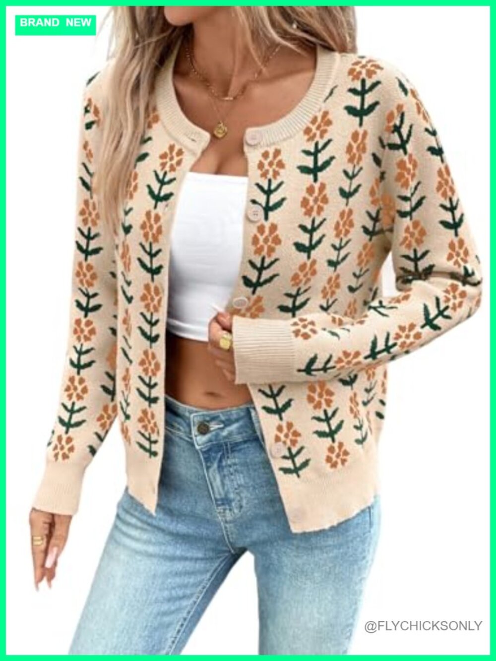 Women's Cropped Floral Knit Cardigan Open Front Long Sleeve